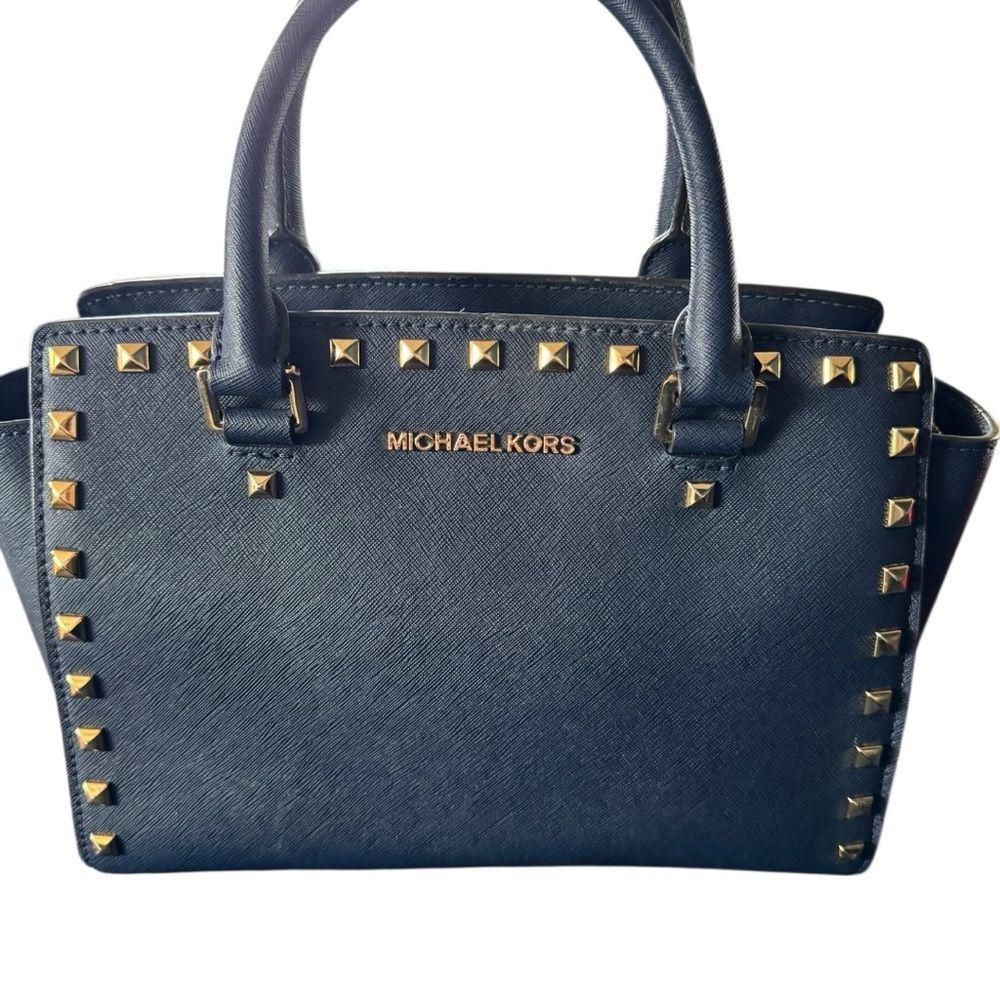 Michael Kors Medium TZ SELMA STUD Satchel Bag NAVY Blue Saffiano Leather